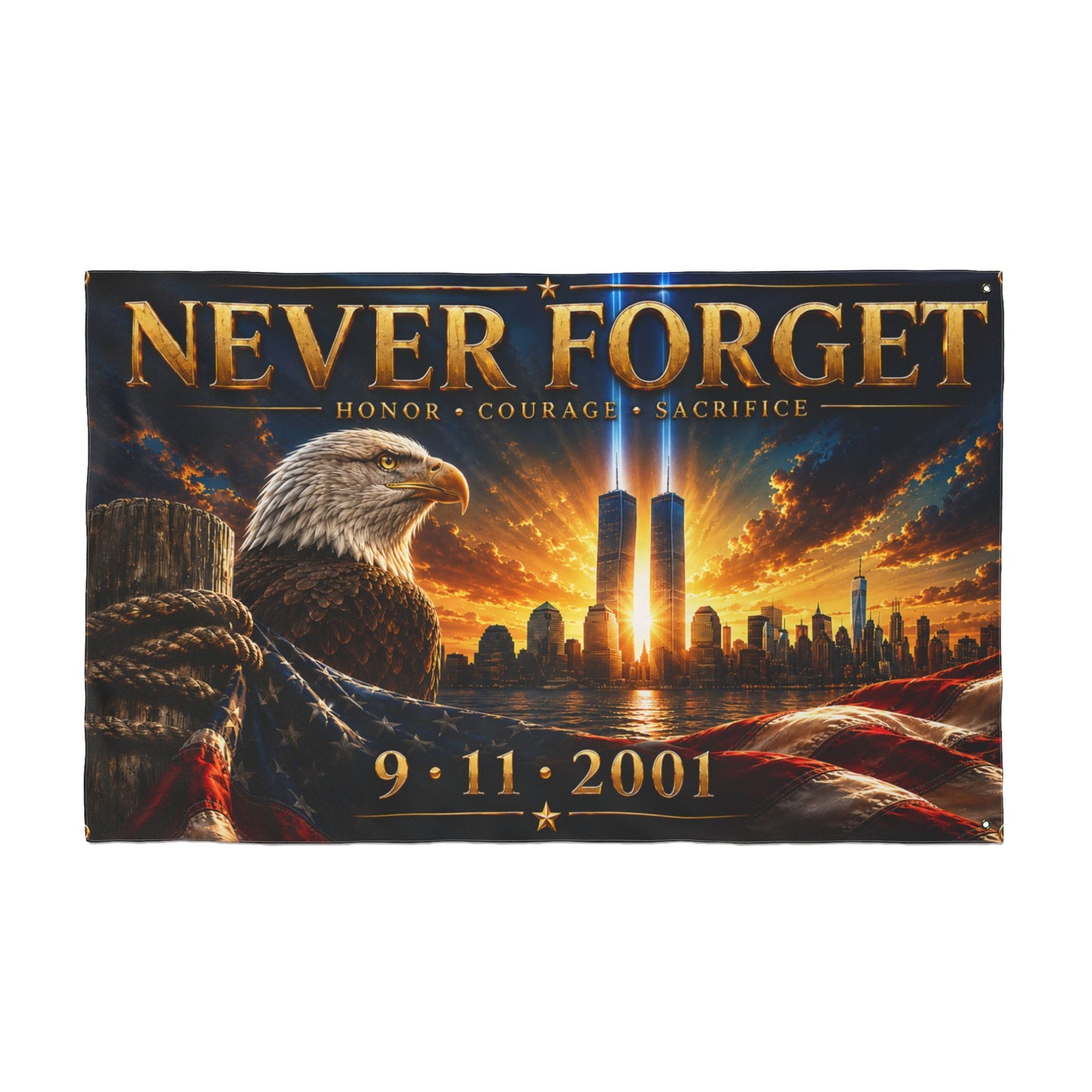 Never Forget 9/11 Memorial Flag — Double-Sided Tribute Flag with Eagle & Twin Towers