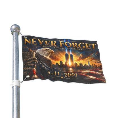 Never Forget 9/11 Memorial Flag — Double-Sided Tribute Flag with Eagle & Twin Towers