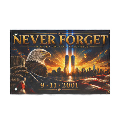 Never Forget 9/11 Memorial Flag — Double-Sided Tribute Flag with Eagle & Twin Towers