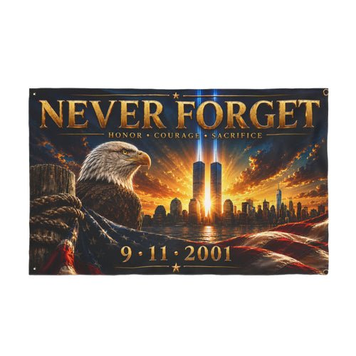 Never Forget 9/11 Memorial Flag — Double-Sided Tribute Flag with Eagle & Twin Towers
