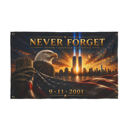 Never Forget 9/11 Memorial Flag — Double-Sided Tribute Flag with Eagle & Twin Towers