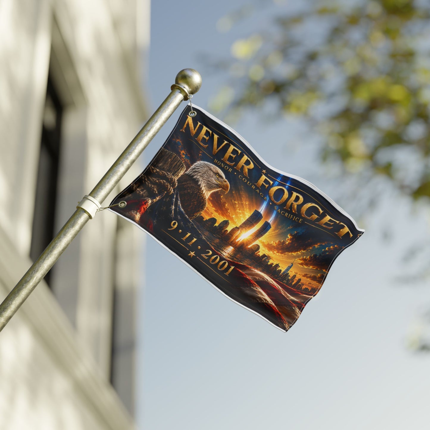 Never Forget 9/11 Memorial Flag — Double-Sided Tribute Flag with Eagle & Twin Towers