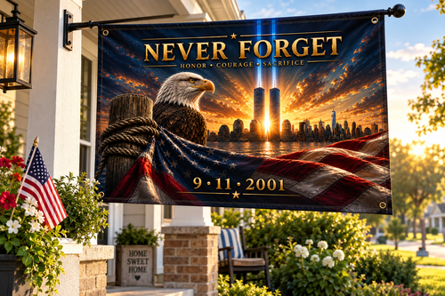 Never Forget 9/11 Memorial Flag — Double-Sided Tribute Flag with Eagle & Twin Towers