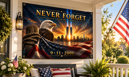 Never Forget 9/11 Memorial Flag — Double-Sided Tribute Flag with Eagle & Twin Towers