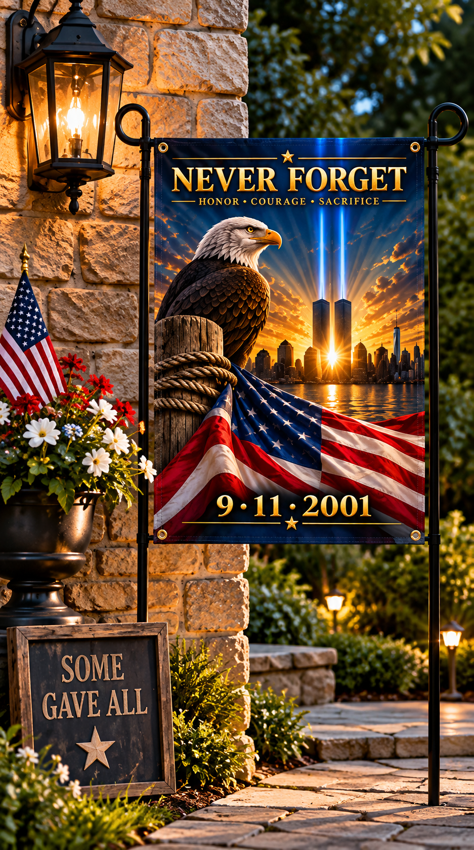Never Forget 9/11 Memorial Garden Flag — Honor • Courage • Sacrifice