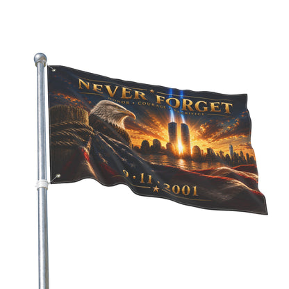 Never Forget 9/11 Memorial Flag — Double-Sided Tribute Flag with Eagle & Twin Towers