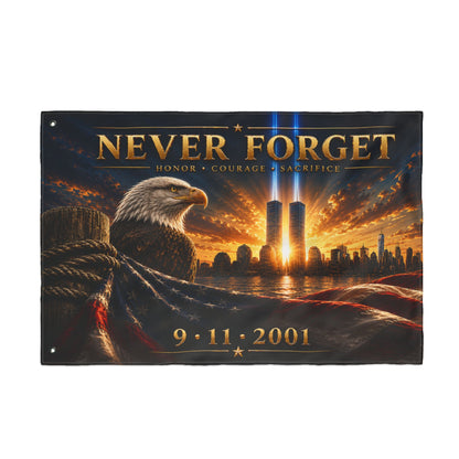Never Forget 9/11 Memorial Flag — Double-Sided Tribute Flag with Eagle & Twin Towers